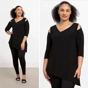 Sympli Women's Size 4 Asymmetric Black Nu Focus Blouse 3/4 Sleeves Tunic